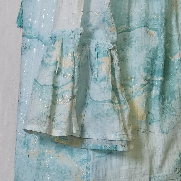 Debbie Katz Nalai Tunic Aqua Metallic Block Print Midi Dress Sz M Cottagecore - Picture 9 of 16